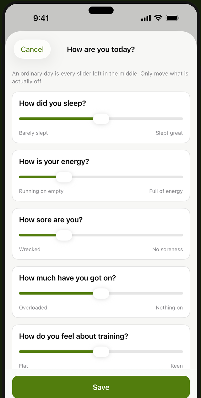 The daily readiness check-in in Footy Ready, asking about sleep, energy, soreness, stress and mood.